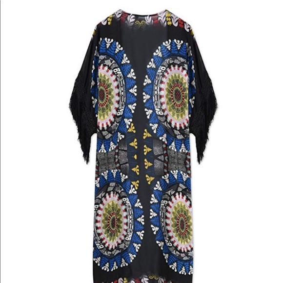 BoHo chiffon black and multicolored kimomo top - Picture 3 of 5